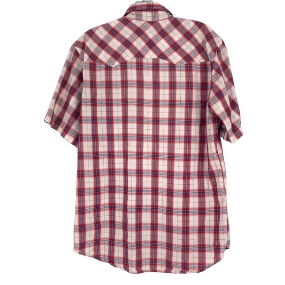 Wrangler M Wrancher Shirt Red Blue Plaid Pearl Snap Button Short Sleeve Collared - Picture 8 of 13
